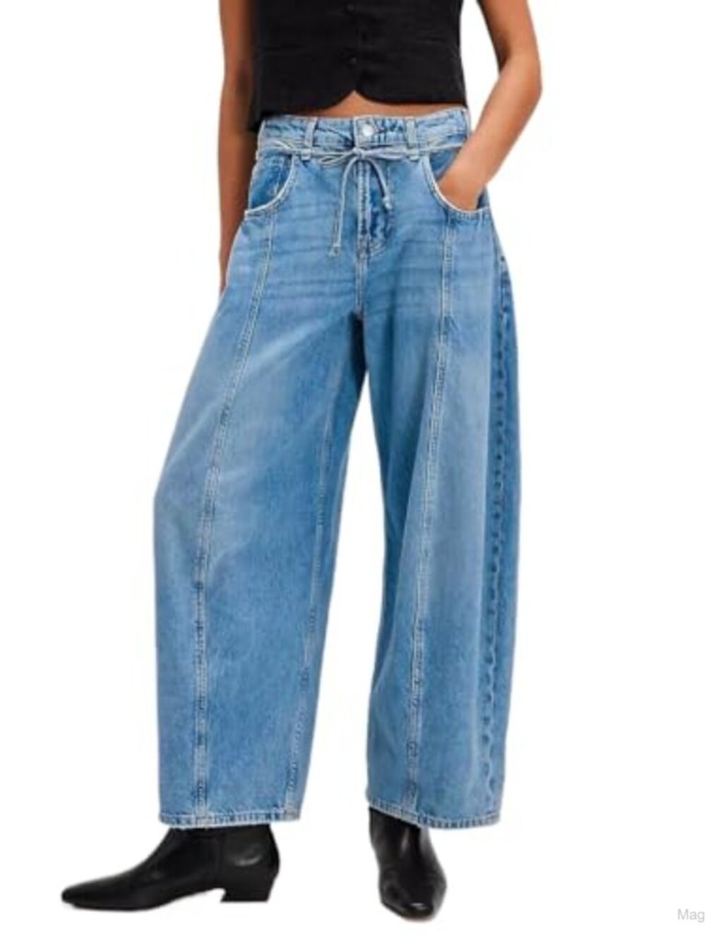 Barrel Jeans Mid Rise Cropped Baggy Non-Stretch Denim Pants